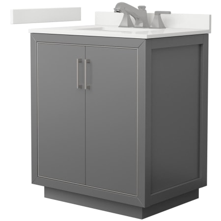 A large image of the Wyndham Collection WCF111130S-QTZ-US3MXX Dark Gray / White Quartz Top / Brushed Nickel Hardware