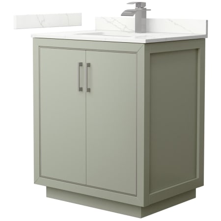 A large image of the Wyndham Collection WCF111130S-QTZ-UNSMXX Light Green / Giotto Quartz Top / Brushed Nickel Hardware