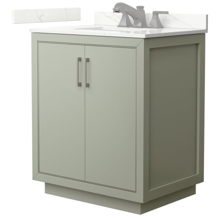 A large image of the Wyndham Collection WCF111130S-QTZ-US3MXX Light Green / Giotto Quartz Top / Brushed Nickel Hardware