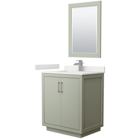 A large image of the Wyndham Collection WCF111130S-QTZ-UNSM24 Light Green / White Quartz Top / Brushed Nickel Hardware