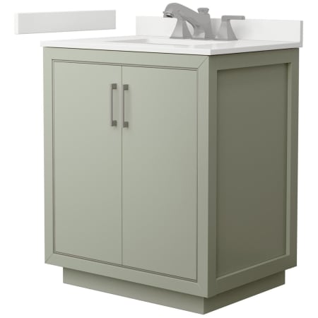 A large image of the Wyndham Collection WCF111130S-QTZ-US3MXX Light Green / White Quartz Top / Brushed Nickel Hardware