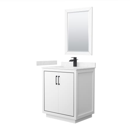 A large image of the Wyndham Collection WCF1111-30S-VCA-M24 White / Carrara Cultured Marble Top / Matte Black Hardware