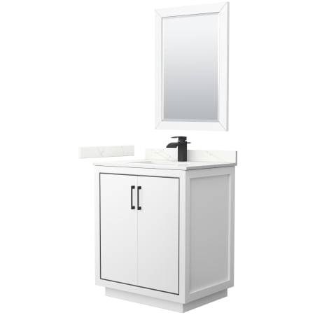 A large image of the Wyndham Collection WCF111130S-QTZ-UNSM24 White / Giotto Quartz Top / Matte Black Hardware