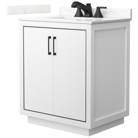 A large image of the Wyndham Collection WCF111130S-QTZ-US3MXX White / Giotto Quartz Top / Matte Black Hardware