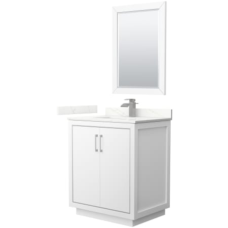 A large image of the Wyndham Collection WCF111130S-QTZ-UNSM24 White / Giotto Quartz Top / Brushed Nickel Hardware