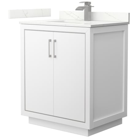 A large image of the Wyndham Collection WCF111130S-QTZ-UNSMXX White / Giotto Quartz Top / Brushed Nickel Hardware