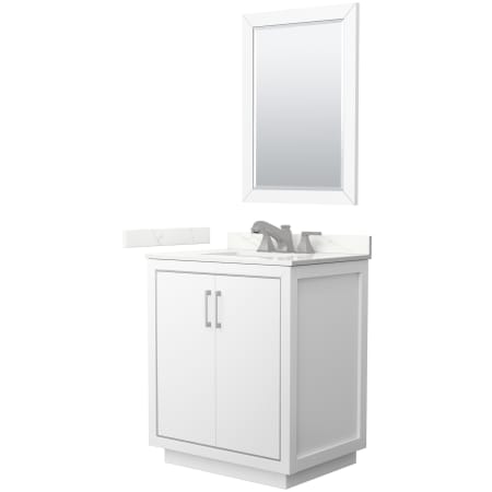 A large image of the Wyndham Collection WCF111130S-QTZ-US3M24 White / Giotto Quartz Top / Brushed Nickel Hardware