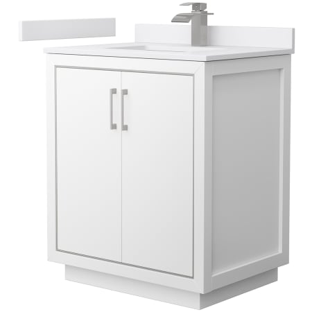 A large image of the Wyndham Collection WCF1111-30S-VCA-MXX White / White Cultured Marble Top / Brushed Nickel Hardware
