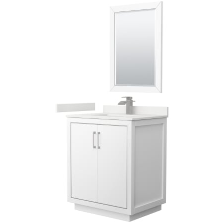 A large image of the Wyndham Collection WCF111130S-QTZ-UNSM24 White / White Quartz Top / Brushed Nickel Hardware