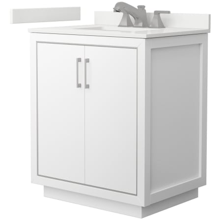 A large image of the Wyndham Collection WCF111130S-QTZ-US3MXX White / White Quartz Top / Brushed Nickel Hardware