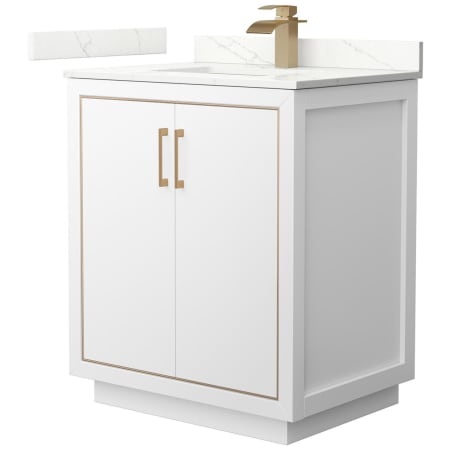 A large image of the Wyndham Collection WCF111130S-QTZ-UNSMXX White / Giotto Quartz Top / Satin Bronze Hardware