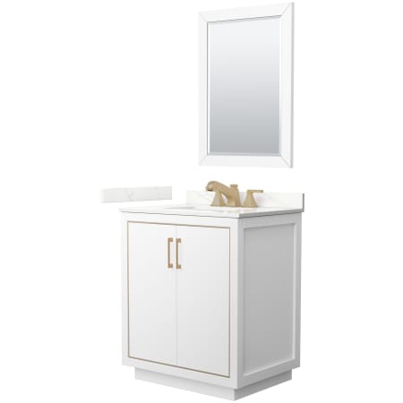 A large image of the Wyndham Collection WCF111130S-QTZ-US3M24 White / Giotto Quartz Top / Satin Bronze Hardware