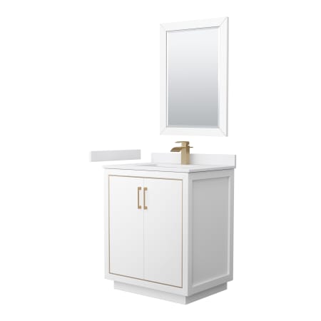 A large image of the Wyndham Collection WCF1111-30S-VCA-M24 White / White Cultured Marble Top / Satin Bronze Hardware