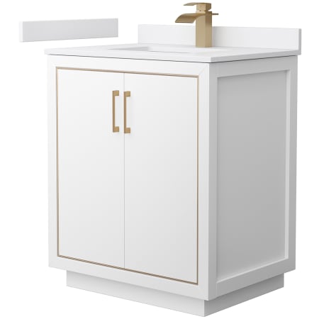 A large image of the Wyndham Collection WCF1111-30S-VCA-MXX White / White Cultured Marble Top / Satin Bronze Hardware