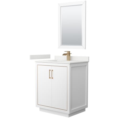 A large image of the Wyndham Collection WCF111130S-QTZ-UNSM24 White / White Quartz Top / Satin Bronze Hardware