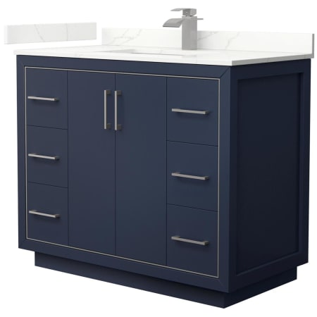 A large image of the Wyndham Collection WCF111142S-QTZ-UNSMXX Dark Blue / Giotto Quartz Top / Brushed Nickel Hardware