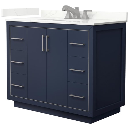 A large image of the Wyndham Collection WCF111142S-QTZ-US3MXX Dark Blue / Giotto Quartz Top / Brushed Nickel Hardware