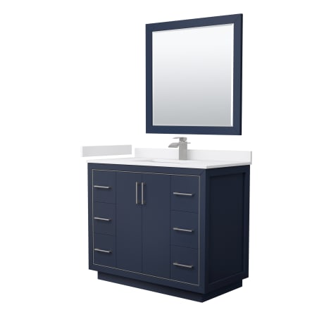 A large image of the Wyndham Collection WCF1111-42S-VCA-M34 Dark Blue / White Cultured Marble Top / Brushed Nickel Hardware