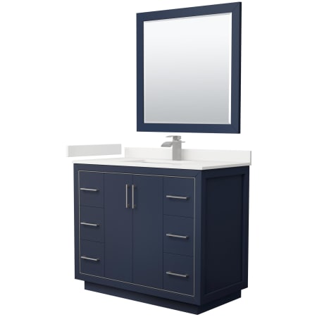 A large image of the Wyndham Collection WCF111142S-QTZ-UNSM34 Dark Blue / White Quartz Top / Brushed Nickel Hardware