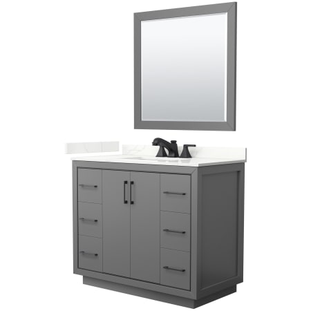 A large image of the Wyndham Collection WCF111142S-QTZ-US3M34 Dark Gray / Giotto Quartz Top / Matte Black Hardware