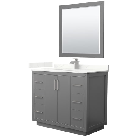 A large image of the Wyndham Collection WCF111142S-QTZ-UNSM34 Dark Gray / Giotto Quartz Top / Brushed Nickel Hardware