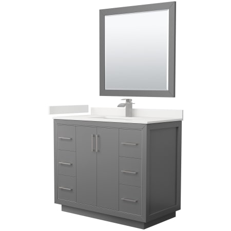 A large image of the Wyndham Collection WCF111142S-QTZ-UNSM34 Dark Gray / White Quartz Top / Brushed Nickel Hardware