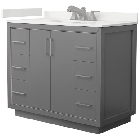 A large image of the Wyndham Collection WCF111142S-QTZ-US3MXX Dark Gray / White Quartz Top / Brushed Nickel Hardware