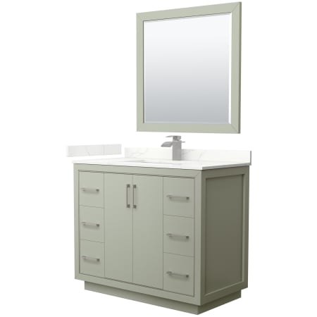 A large image of the Wyndham Collection WCF111142S-QTZ-UNSM34 Light Green / Giotto Quartz Top / Brushed Nickel Hardware