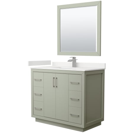 A large image of the Wyndham Collection WCF111142S-QTZ-UNSM34 Light Green / White Quartz Top / Brushed Nickel Hardware