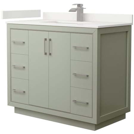 A large image of the Wyndham Collection WCF111142S-QTZ-UNSMXX Light Green / White Quartz Top / Brushed Nickel Hardware