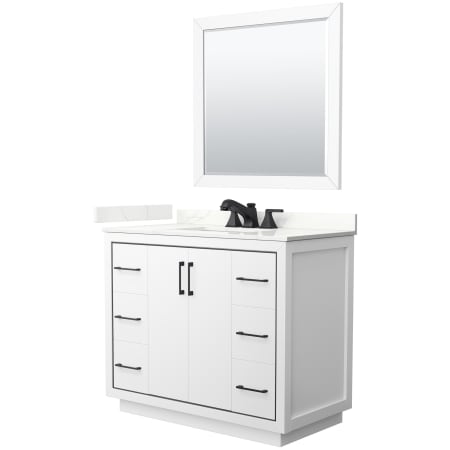 A large image of the Wyndham Collection WCF111142S-QTZ-US3M34 White / Giotto Quartz Top / Matte Black Hardware