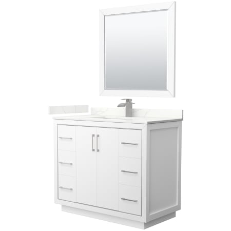A large image of the Wyndham Collection WCF111142S-QTZ-UNSM34 White / Giotto Quartz Top / Brushed Nickel Hardware