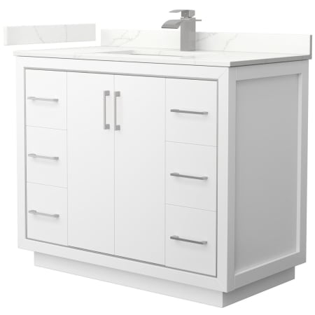 A large image of the Wyndham Collection WCF111142S-QTZ-UNSMXX White / Giotto Quartz Top / Brushed Nickel Hardware