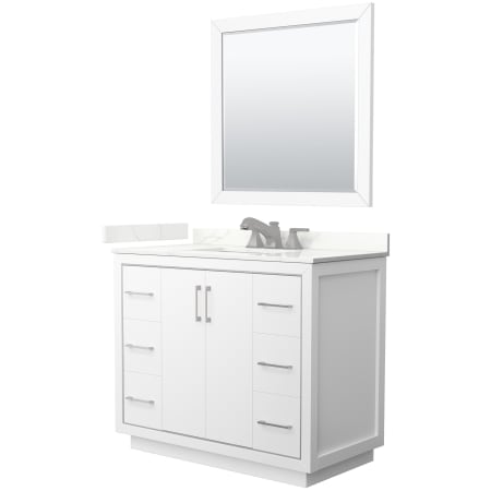 A large image of the Wyndham Collection WCF111142S-QTZ-US3M34 White / Giotto Quartz Top / Brushed Nickel Hardware