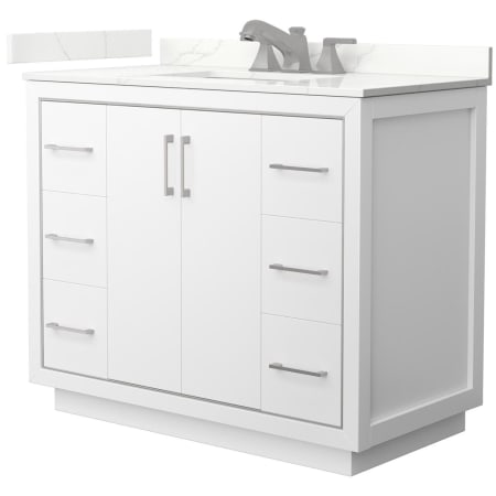 A large image of the Wyndham Collection WCF111142S-QTZ-US3MXX White / Giotto Quartz Top / Brushed Nickel Hardware