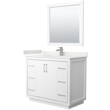 A large image of the Wyndham Collection WCF111142S-QTZ-UNSM34 White / White Quartz Top / Brushed Nickel Hardware