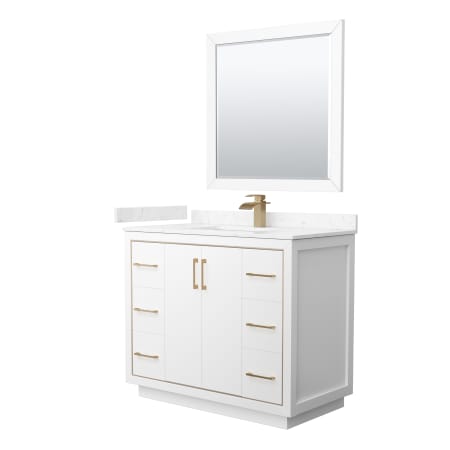 A large image of the Wyndham Collection WCF1111-42S-VCA-M34 White / Carrara Cultured Marble Top / Satin Bronze Hardware