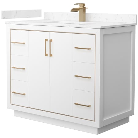 A large image of the Wyndham Collection WCF1111-42S-VCA-MXX White / Carrara Cultured Marble Top / Satin Bronze Hardware
