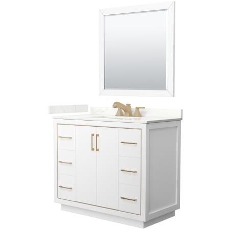 A large image of the Wyndham Collection WCF111142S-QTZ-US3M34 White / Giotto Quartz Top / Satin Bronze Hardware