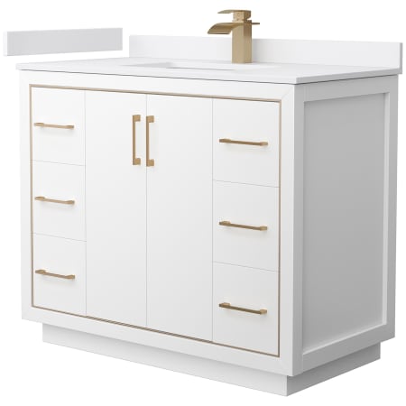 A large image of the Wyndham Collection WCF1111-42S-VCA-MXX White / White Cultured Marble Top / Satin Bronze Hardware