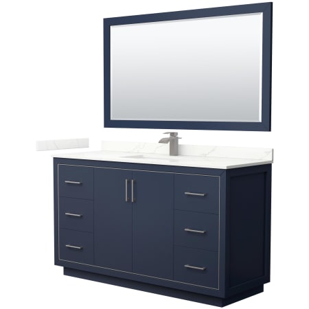 A large image of the Wyndham Collection WCF111160S-QTZ-UNSM58 Dark Blue / Giotto Quartz Top / Brushed Nickel Hardware