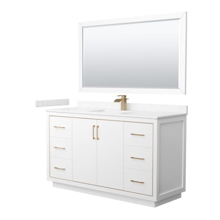 A large image of the Wyndham Collection WCF1111-60S-VCA-M58 White / Carrara Cultured Marble Top / Satin Bronze Hardware