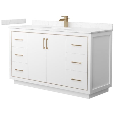 A large image of the Wyndham Collection WCF1111-60S-VCA-MXX White / Carrara Cultured Marble Top / Satin Bronze Hardware