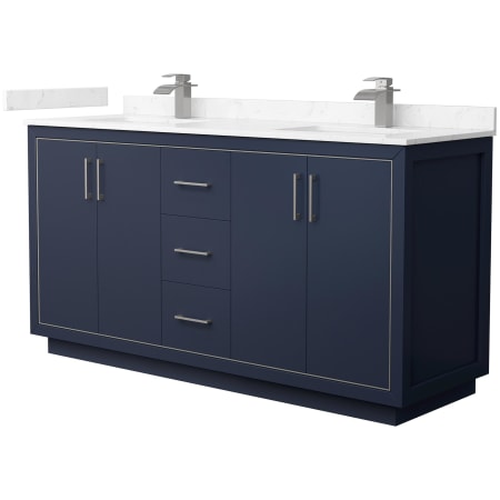 A large image of the Wyndham Collection WCF1111-66D-VCA-MXX Dark Blue / Carrara Cultured Marble Top / Brushed Nickel Hardware