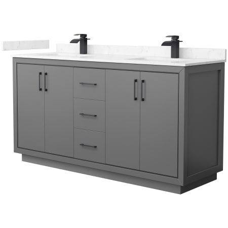 A large image of the Wyndham Collection WCF1111-66D-VCA-MXX Dark Gray / Carrara Cultured Marble Top / Matte Black Hardware
