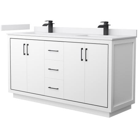 A large image of the Wyndham Collection WCF1111-66D-VCA-MXX White / White Cultured Marble Top / Matte Black Hardware