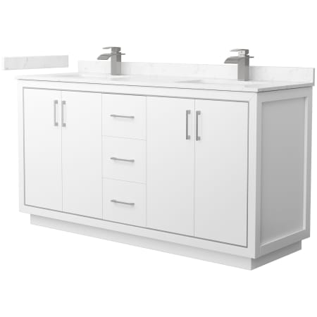 A large image of the Wyndham Collection WCF1111-66D-VCA-MXX White / Carrara Cultured Marble Top / Brushed Nickel Hardware