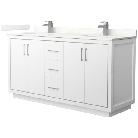 A large image of the Wyndham Collection WCF111166D-QTZ-UNSMXX White / Giotto Quartz Top / Brushed Nickel Hardware