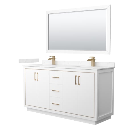 A large image of the Wyndham Collection WCF1111-66D-VCA-M58 White / Carrara Cultured Marble Top / Satin Bronze Hardware