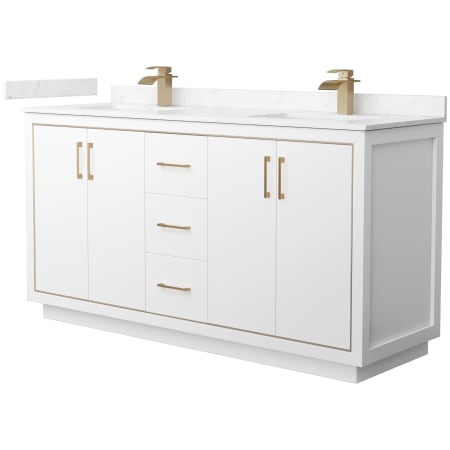 A large image of the Wyndham Collection WCF1111-66D-VCA-MXX White / Carrara Cultured Marble Top / Satin Bronze Hardware
